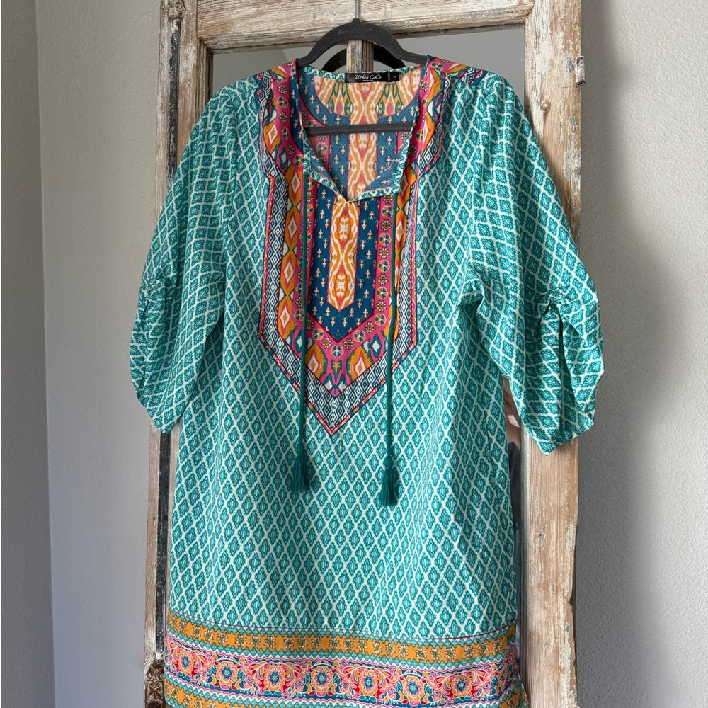 Bohemian Teal Tunic Swimsuit Cover Sz L